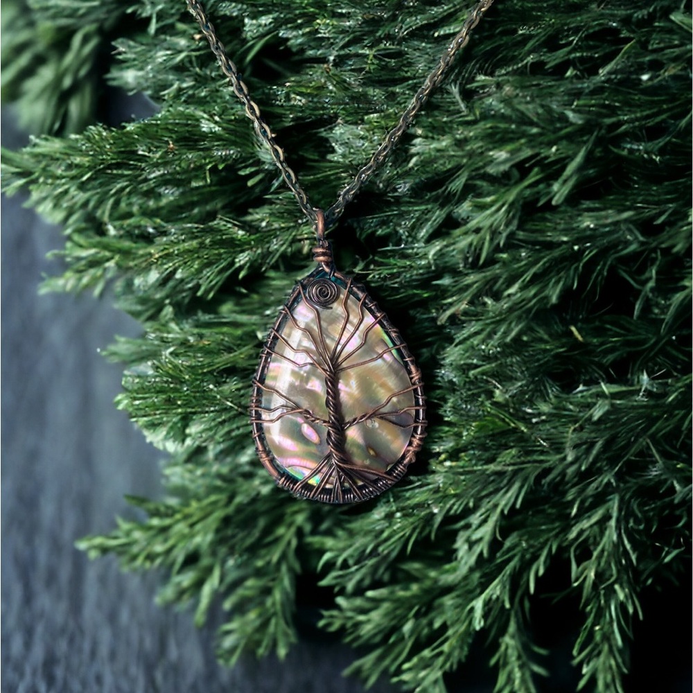 Tree of Life Necklace Handmade Teardrop Shaped Abalone